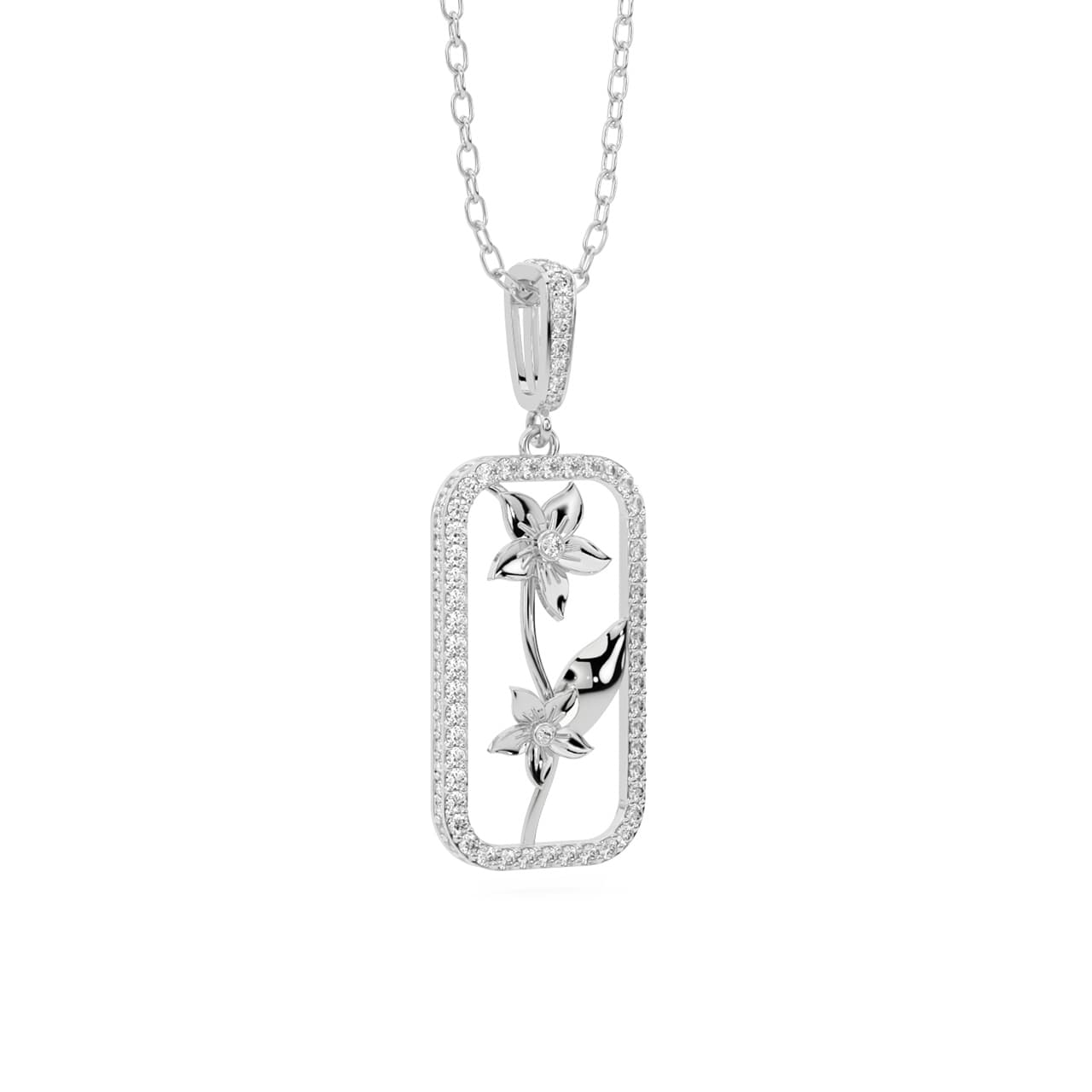 Rectangle Rose Flower 925 Silver Necklace