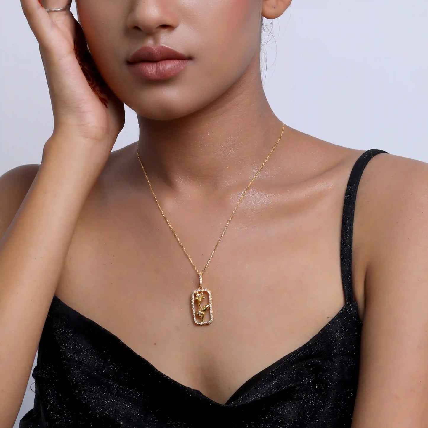 Rectangle Rose Flower 925 Silver Necklace
