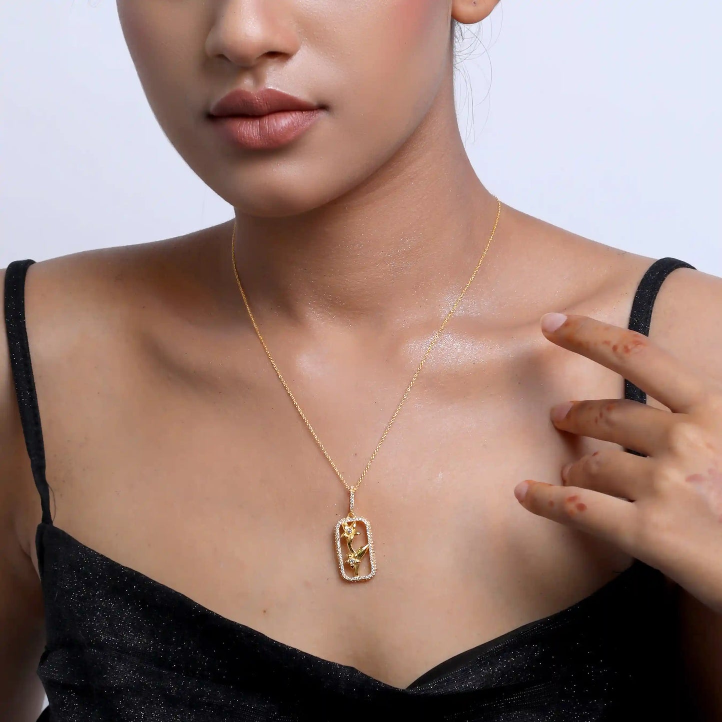 Rectangle Rose Flower 925 Silver Necklace
