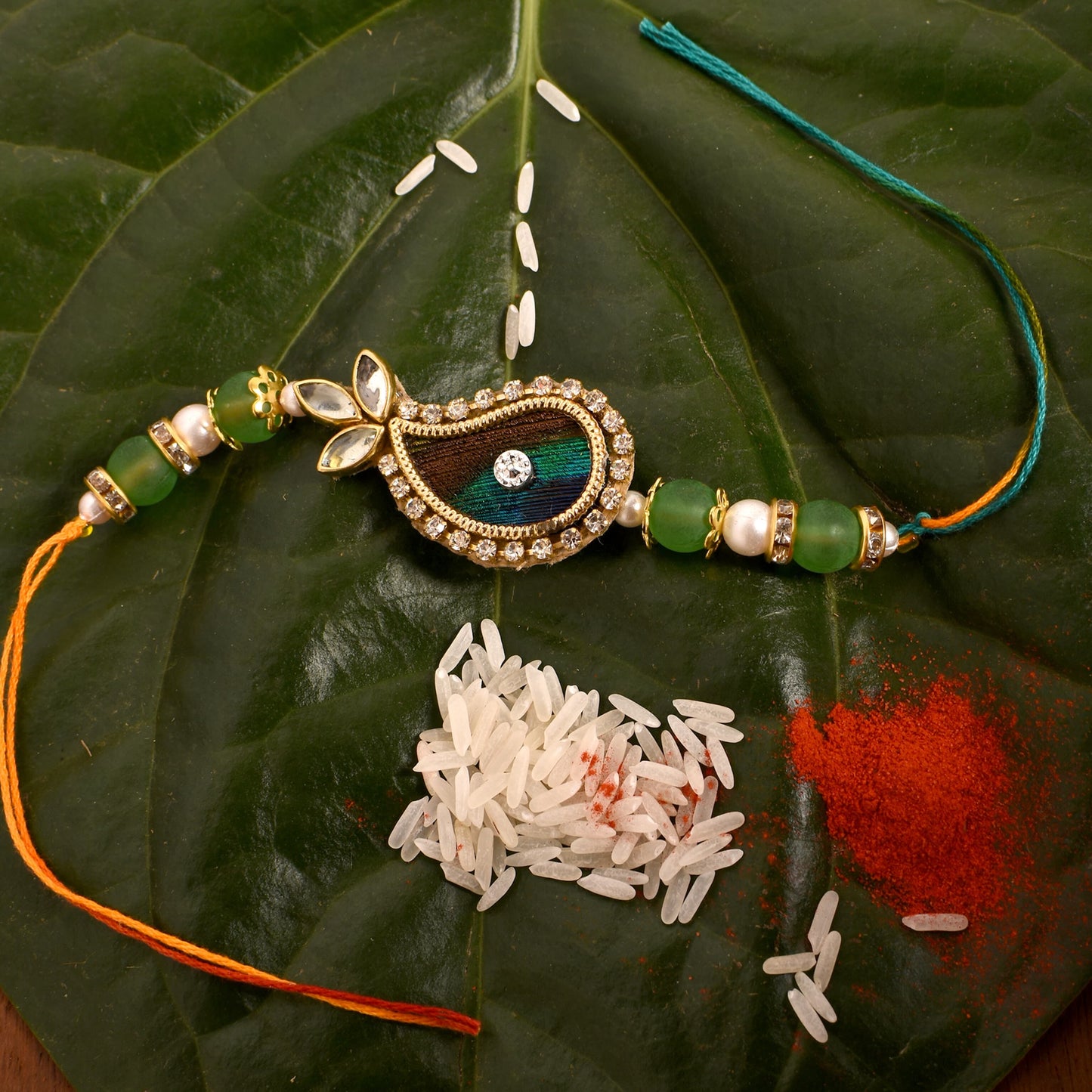 Parrot Green American Diamond Studded Rakhi