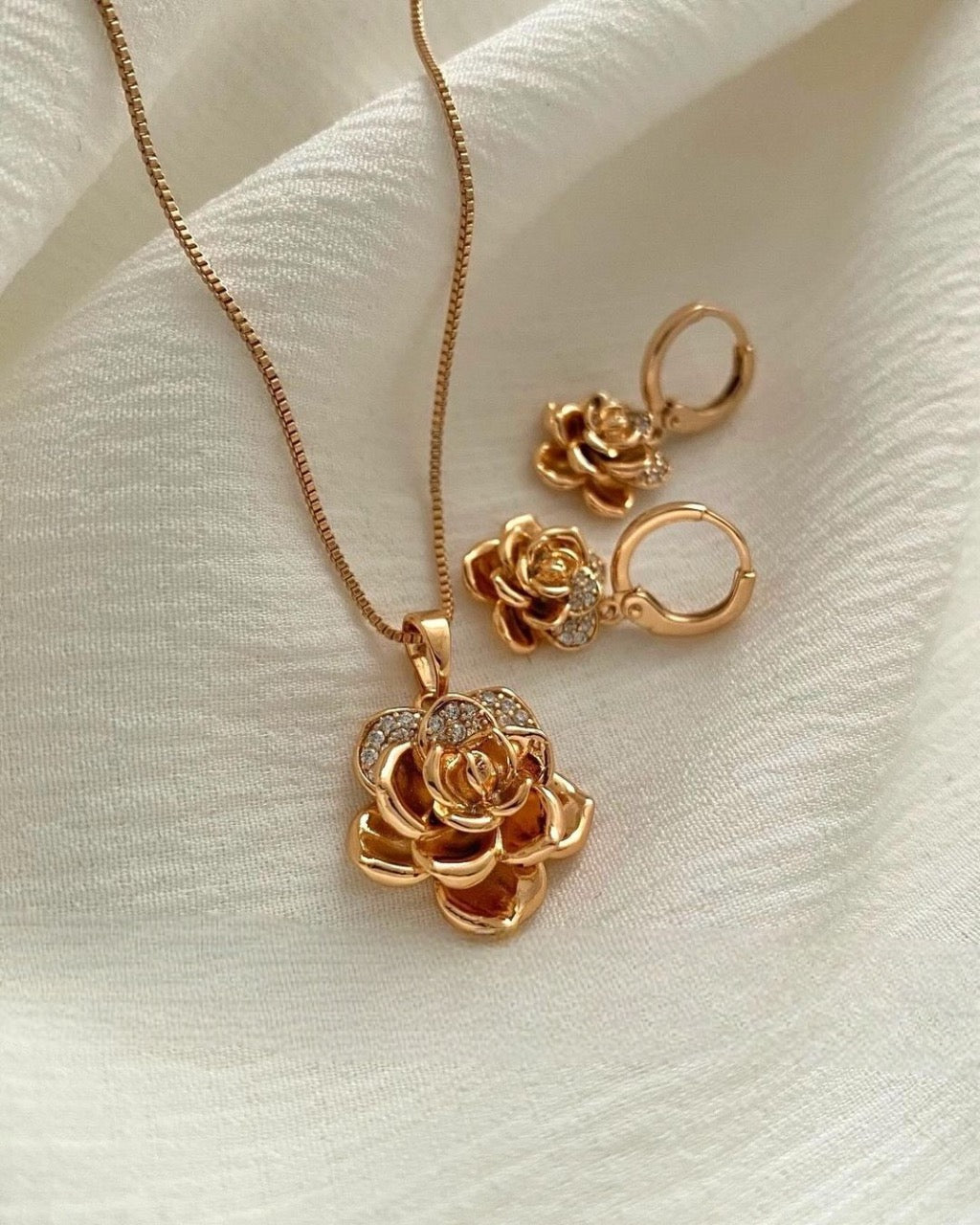 Rose 925 Silver Necklace & Earrings with Gold & Rose Gold Plated