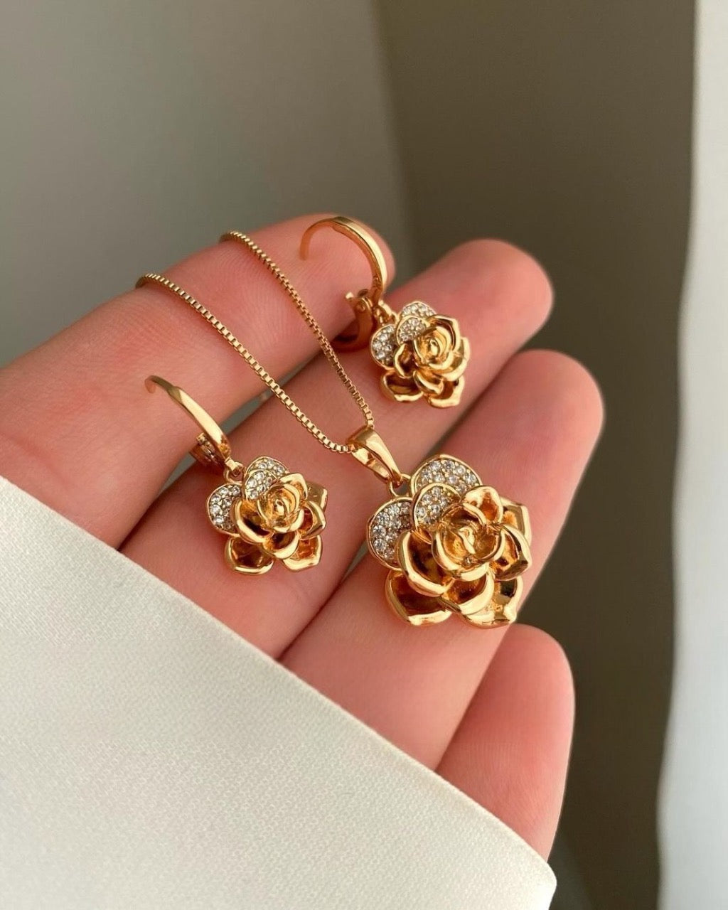 Rose 925 Silver Necklace & Earrings with Gold & Rose Gold Plated