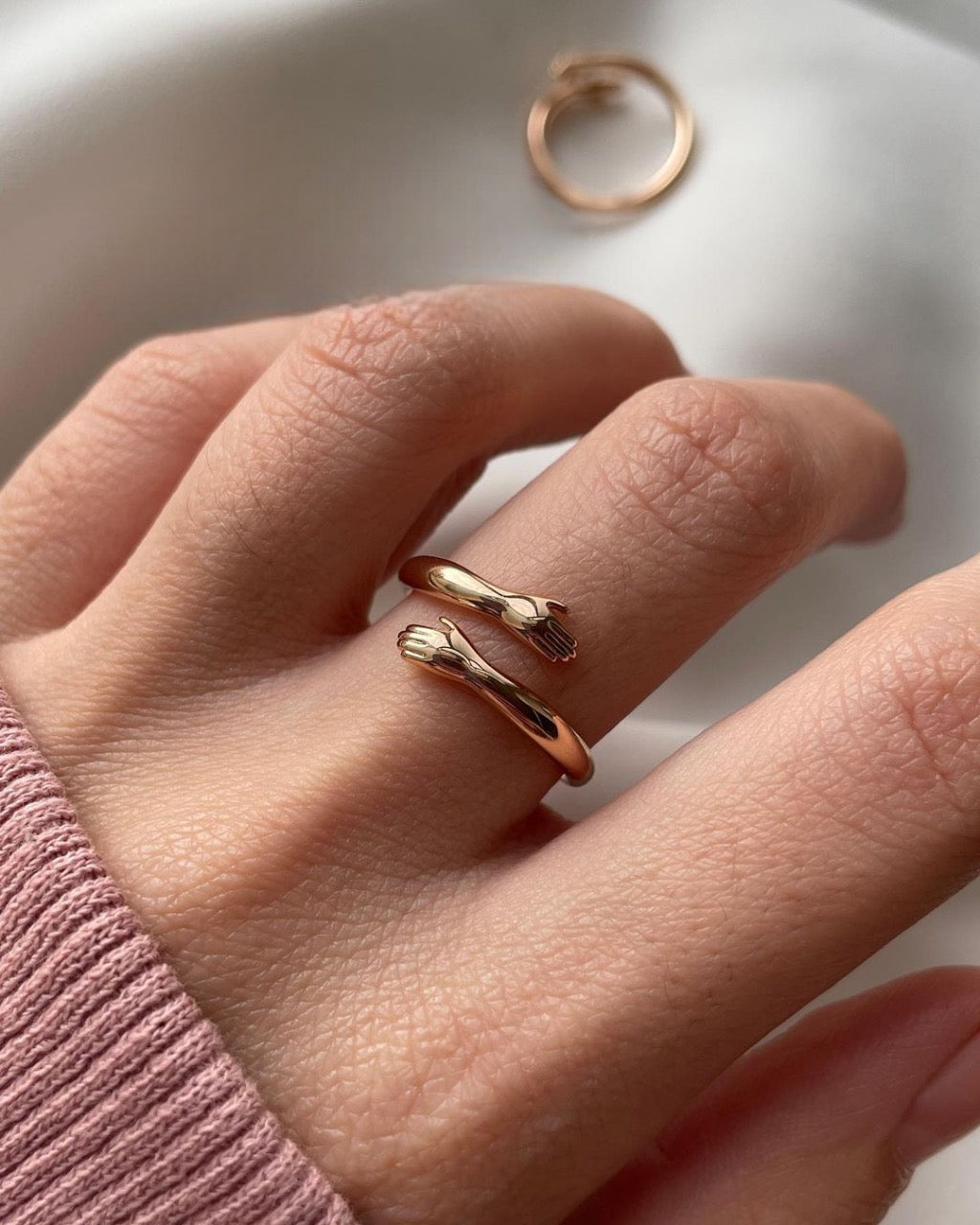 Beautiful Hug Pure Silver Ring with Gold Plated