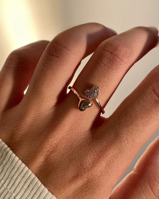 Dual Heart Pure Silver Ring with Gold Plated