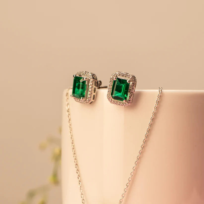 Emerald Stud Earrings - 925 Silver