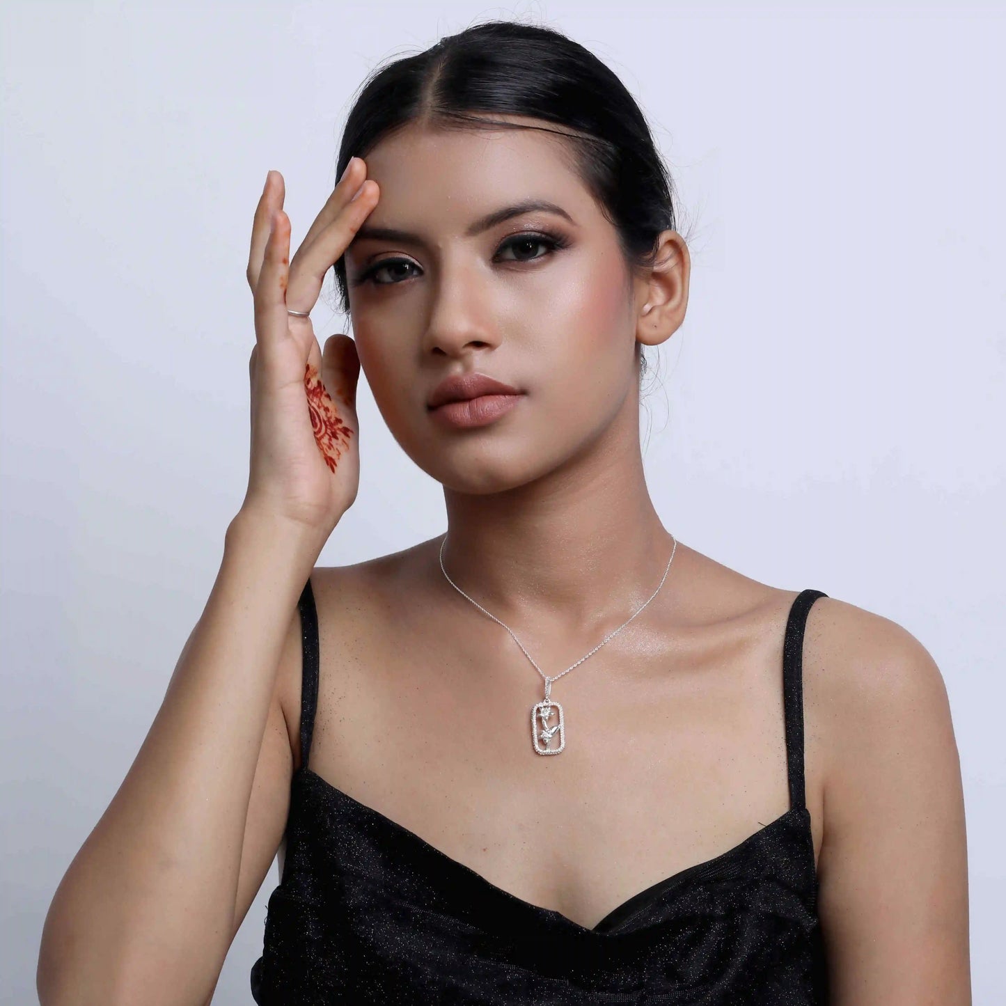 Rectangle Rose Flower 925 Silver Necklace