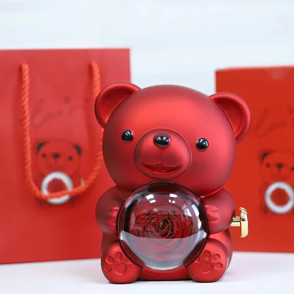 Teddy Box with Crimson Heart Silver Necklace